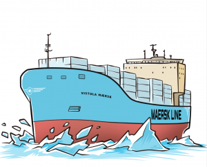 Maersk containerskib og isbryder i et illustration Rene Birkholm alias rebi Danmark Fyn tegneren.dk